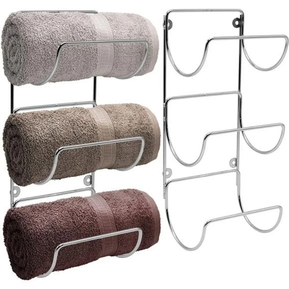 Towel-Rack Holder - Wall Mounted Storage Organizer for Linens Set of 2 (Silver)